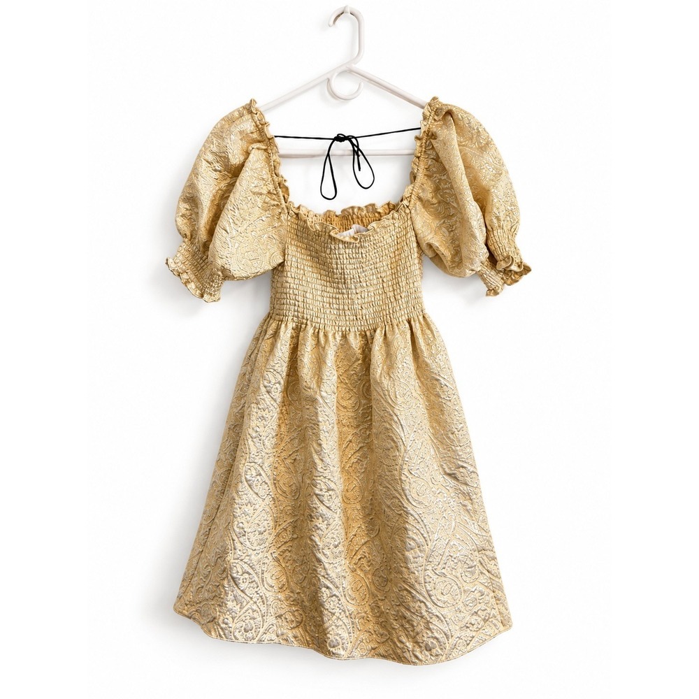Hill House Athena Nap Dress in Gold Brocade Tie Back Size XS